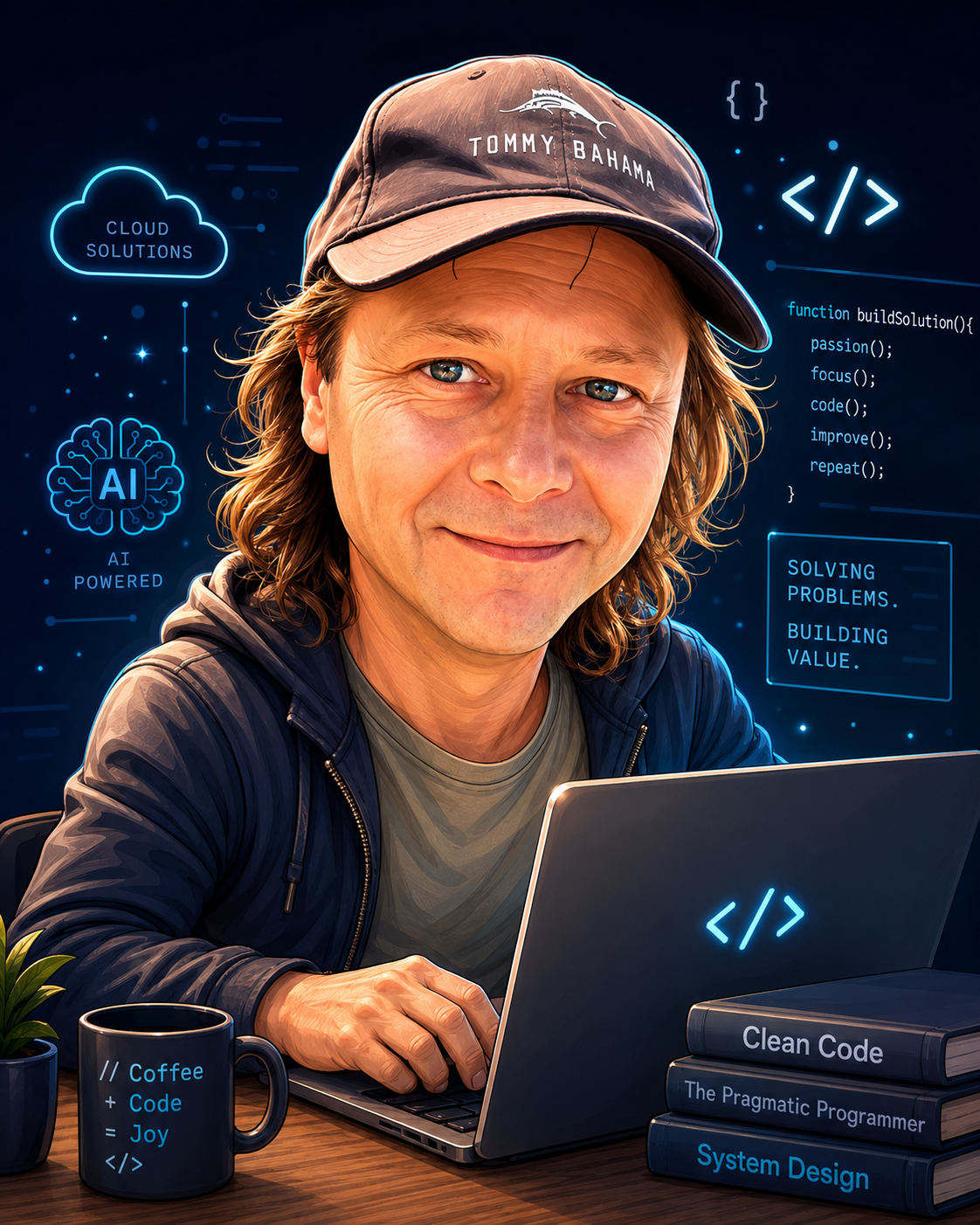 Caricature of Sergey Moiseyev coding